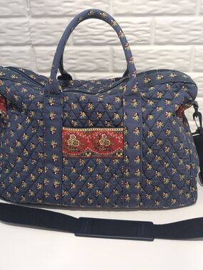 Vintage Vera Bradley Emily Duffle Bag Tote Quilted Blue Floral Retired Pattern